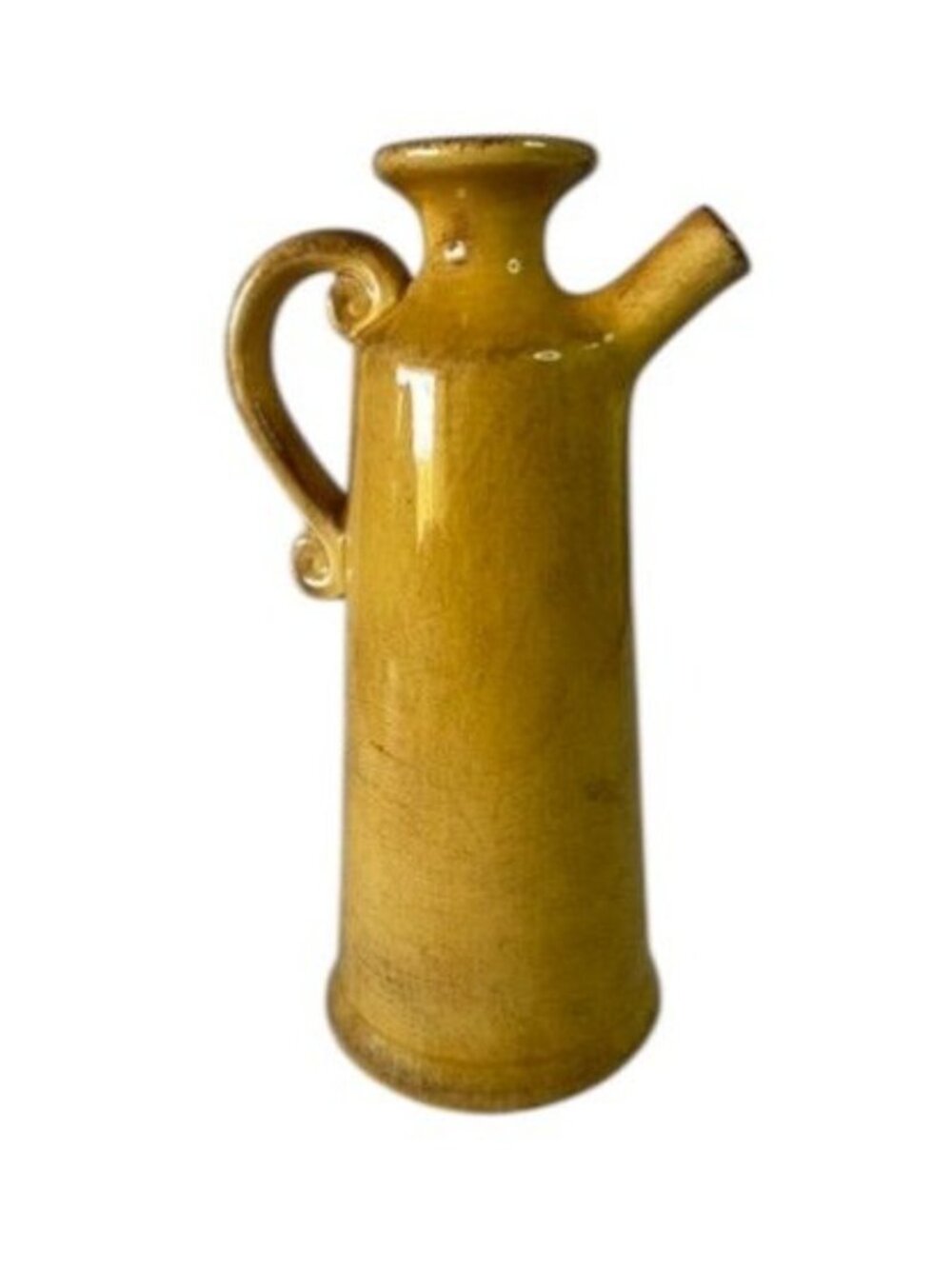 Pier 1 Imports rustic olive oil cruet, yellow with antiquing, ceramic earthenwar